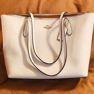 Coach White Zip Tote with Gold Accents